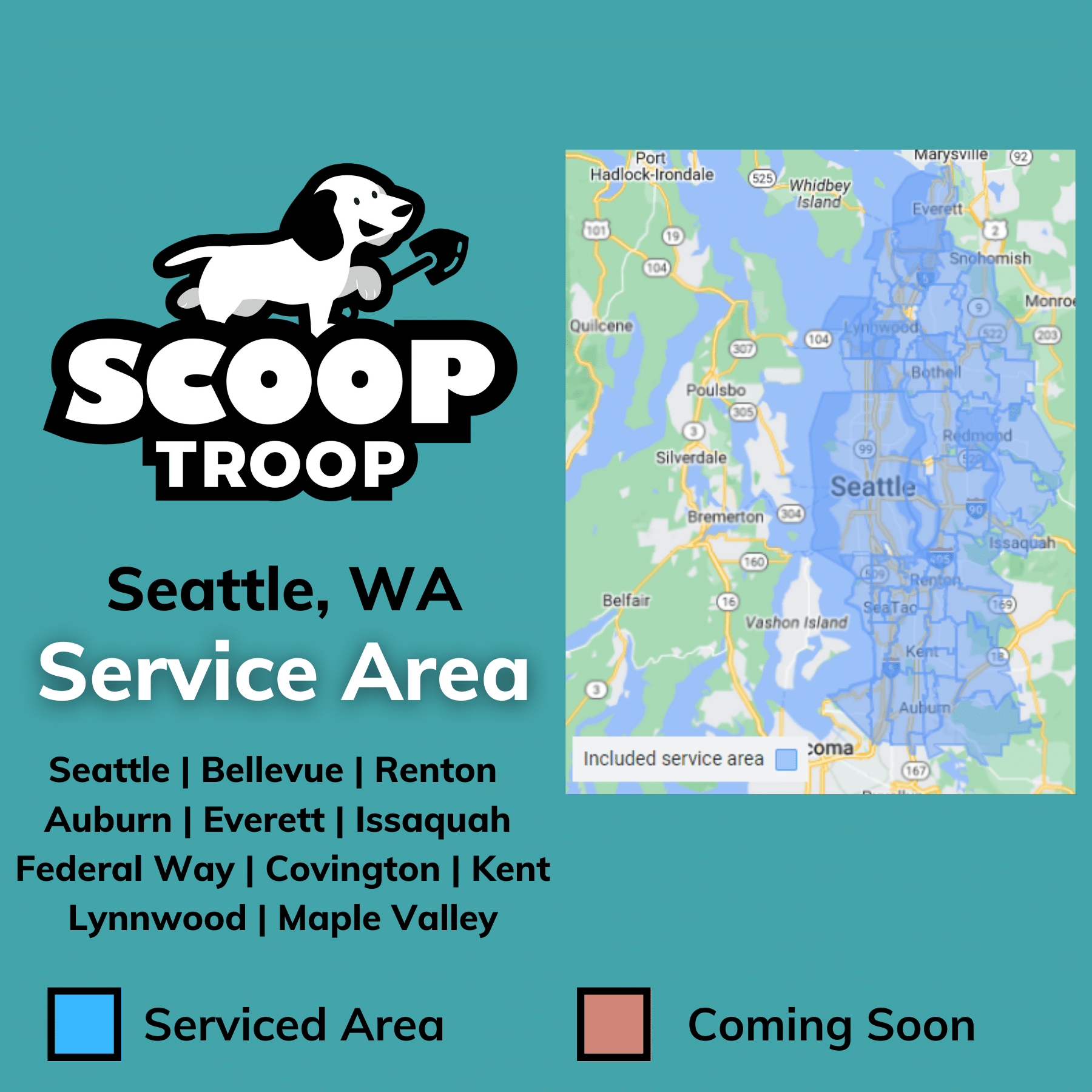A map of Scoop Troop Seattles service area spanning from Everett, WA through Seattle, Bellevue, Renton, Kent and ending at Auburn and Federal Way.