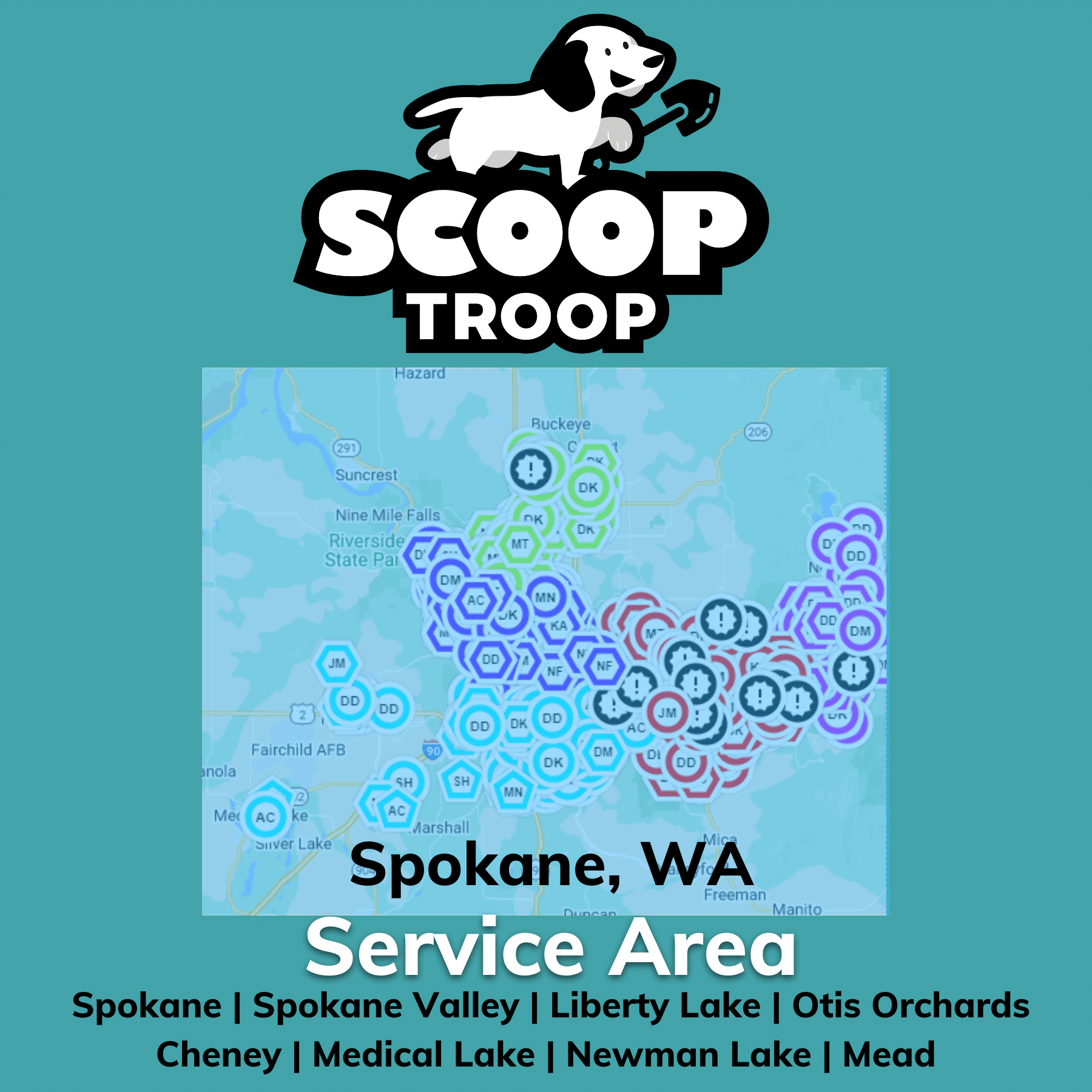 Service map of scoop troops dog waste removal customers in Spokane, WA